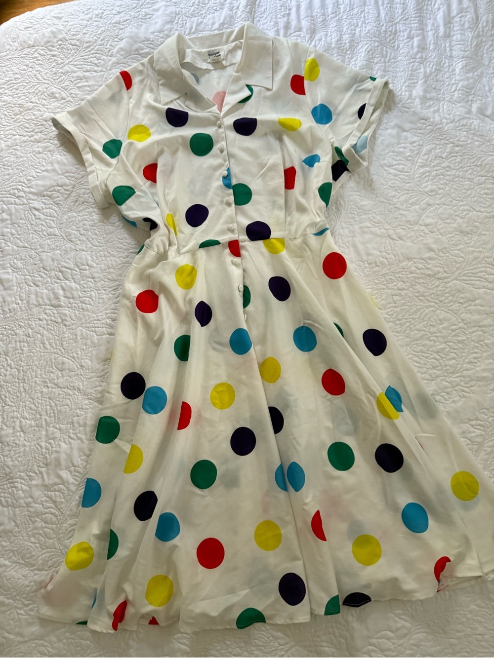 Unique Vintage White Shirt Dress with Multicolored Polkadot 3XL Pinup Rockabilly